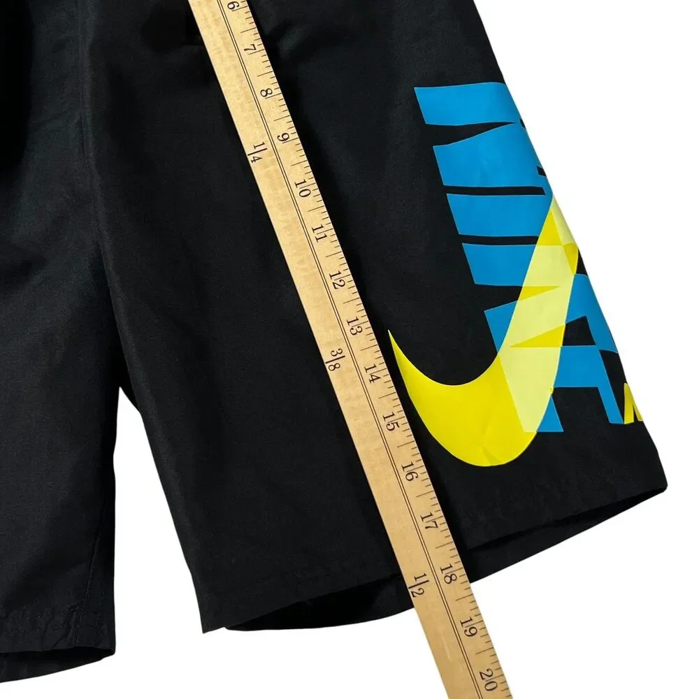 Nike Boys XL Black Swim Trunks Blue Yellow Graphic Logo Mesh Lined Summer